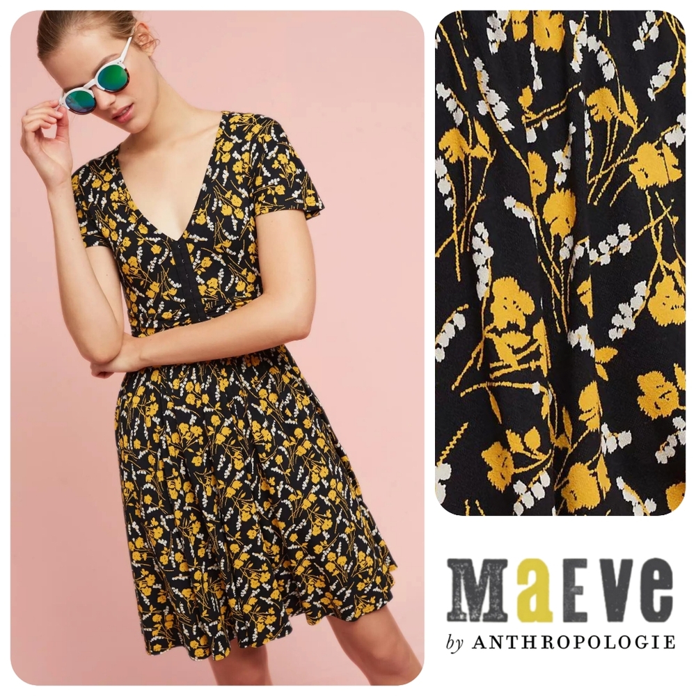 Anthropologie x Maeve | Summer Breeze Dress | Black Yellow | Small